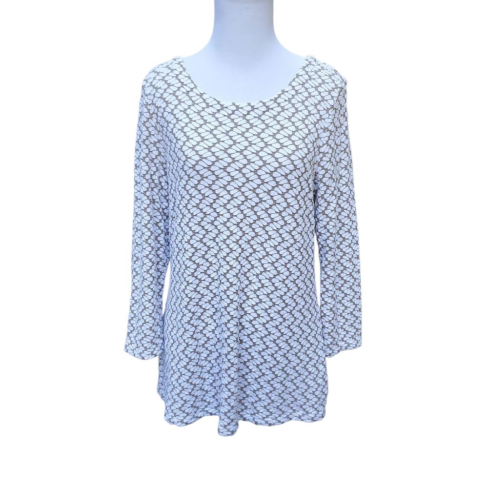 Tianello Ballet Tee White Tan Textured Scoop Neck Long Sleeve Top Sz M